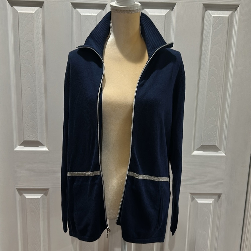 Zenergy Cotton Cashmere-Blend Beaded-Trim Jacket Size M - Picture 5 of 14